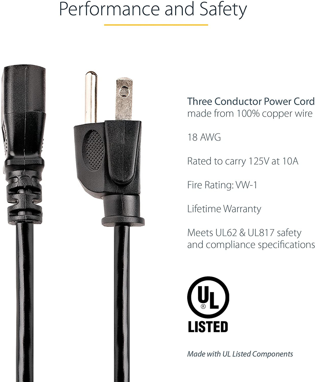 StarTech.com 15ft (4.5m) Computer Power Cord, NEMA 5-15P to C13, 10A 125V, 18AWG, Black Replacement AC Power Cord, Printer Power Cord, PC Power Supply Cable, Monitor Power Cable - UL Listed (PXT10115) 15 ft/4.5 m 1 Pack
