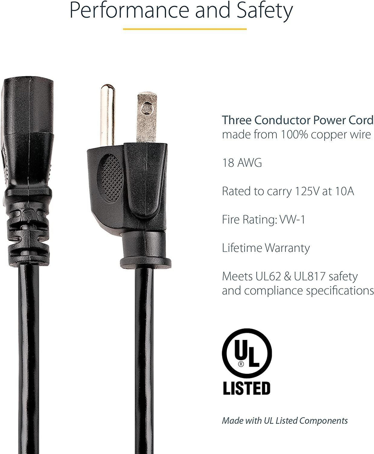 StarTech.com 10ft (3m) Computer Power Cord, NEMA 5-15P to C13, 10A 125V, 18AWG, Black Replacement AC Power Cord, Printer Power Cord, PC Power Supply Cable, Monitor Power Cable - UL Listed (PXT101_10) 10 ft/3 m 1 Pack