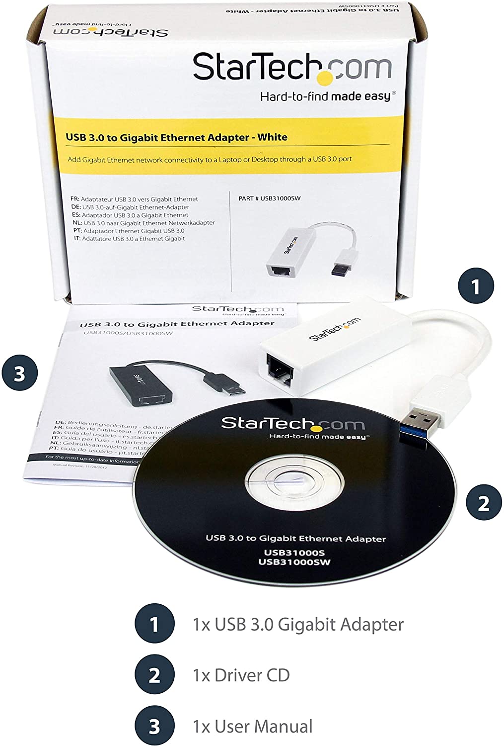 StarTech.com USB 3.0 to Gigabit Ethernet Network Adapter - 10/100/1000 NIC - USB to RJ45 LAN Adapter for PC Laptop or MacBook (USB31000SW),White