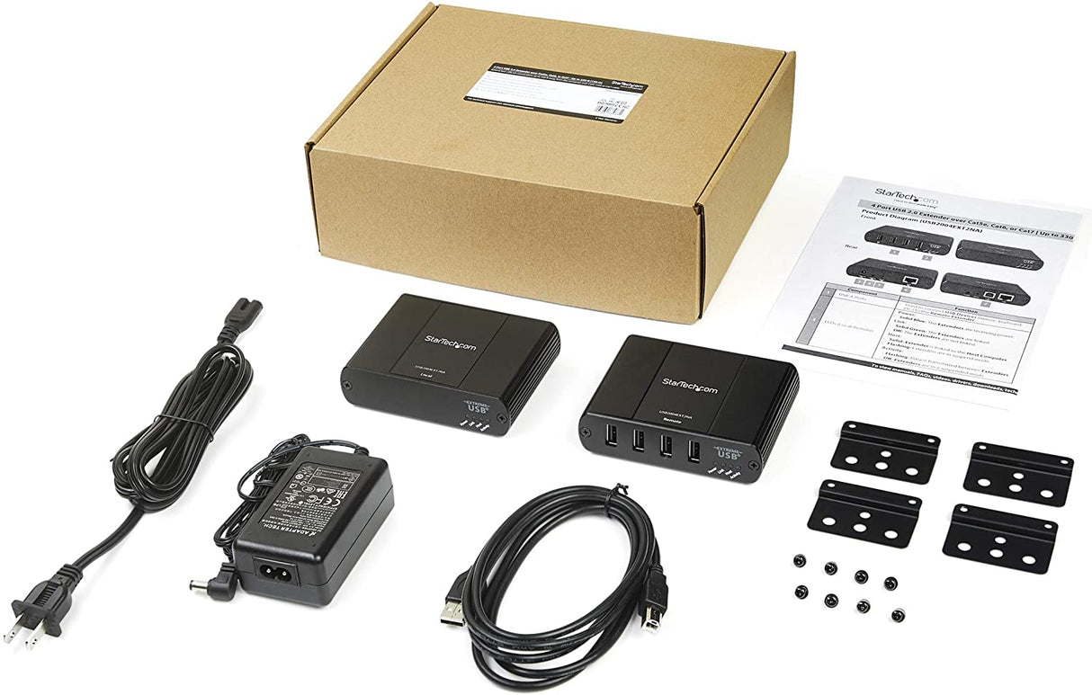StarTech.com 4 Port USB 2.0 Extender Hub Over Cat5e/Cat6 Ethernet Cable (RJ45) - 330ft/100m Industrial Metal USB Extender Adapter Kit w/ESD Protection - Externally Powered - 480 Mbps (USB2004EXT2NA)