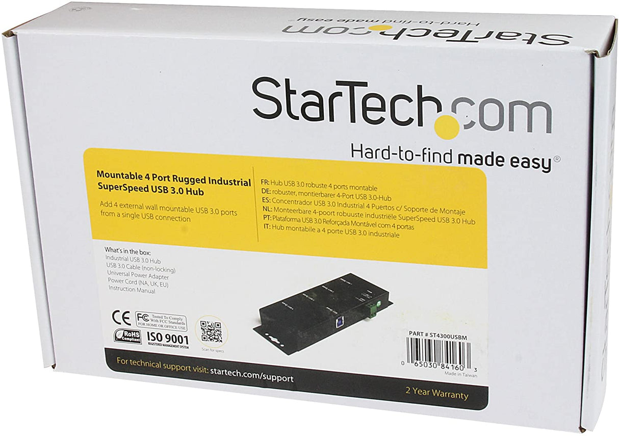 StarTech.com 4-Port USB 3.0 Hub - Metal Industrial USB-A Hub - Wall or Desk Mountable USB Data Hub - TAA Compliant USB Expander Hub (ST4300USBM)
