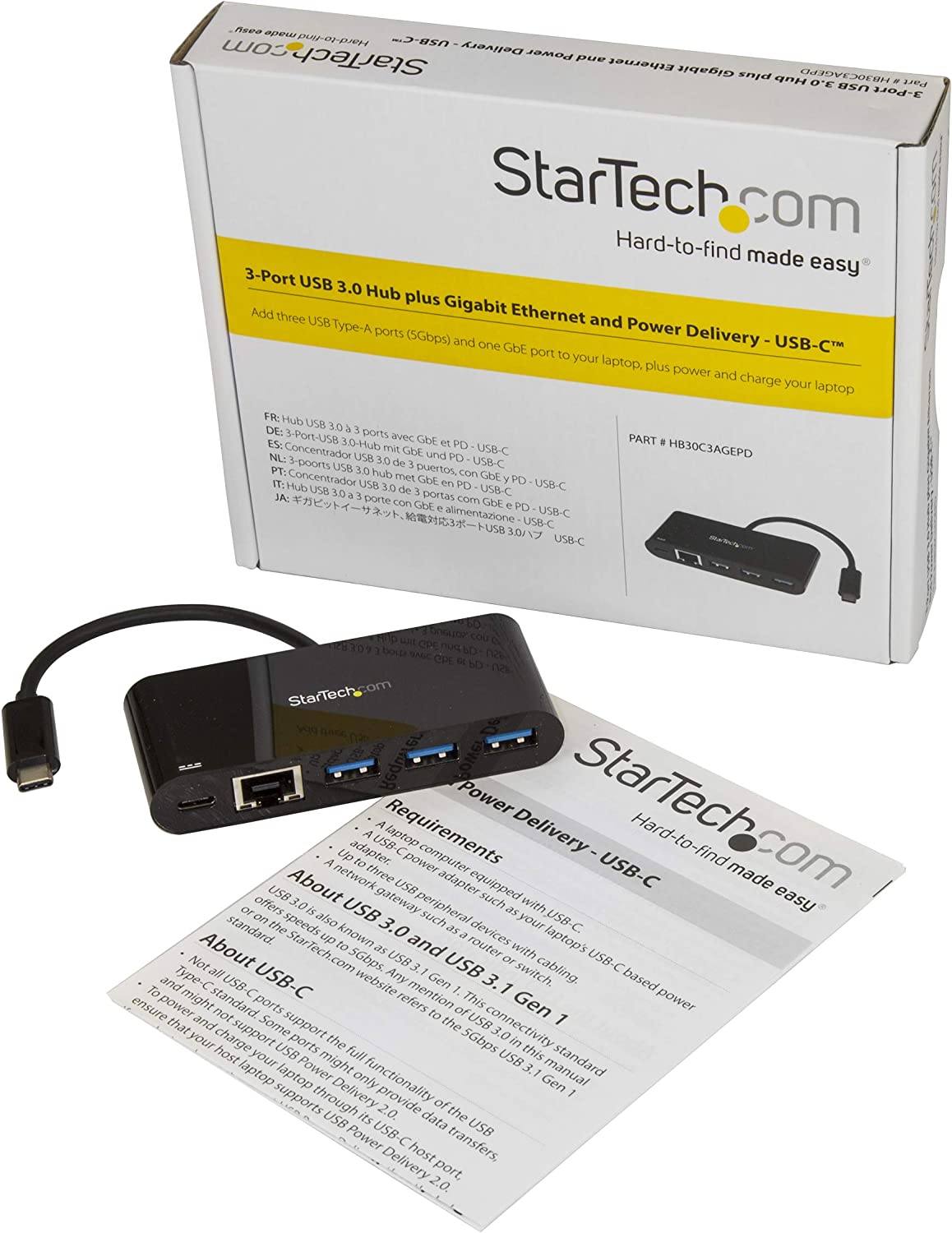 StarTech.com 3 Port USB-C Hub with Gigabit Ethernet & 60W Power Delivery Passthrough Laptop Charging - USB-C to 3x USB-A (USB 3.0 SuperSpeed 5Gbps) - USB 3.1/3.2 Gen 1 Type-C Adapter Hub (HB30C3AGEPD) Black w/ 4 Port Hub and Power Delivery