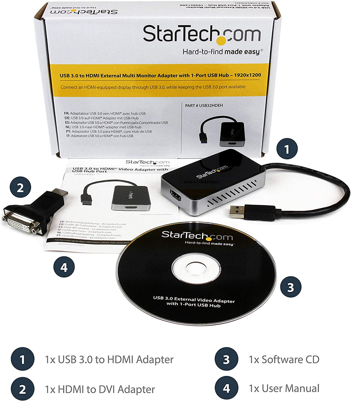 StarTech.com USB 3.0 to HDMI & DVI Adapter with 1x USB Port - External Video & Graphics Card Adapter - Dual Monitor Hub - Supports Windows (USB32HDEH), Black 1x USB-A 3.0 | HDMI