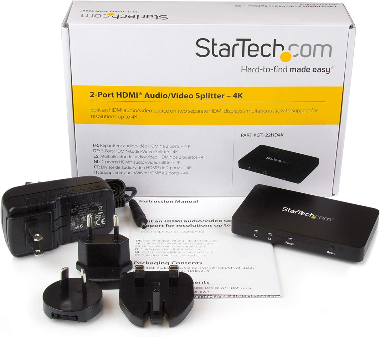 StarTech.com HDMI Splitter 1 In 2 Out - 4k 30Hz - 2 Port - Aluminum - HDMI Multi Port - HDMI Audio Splitter (ST122HD4K)