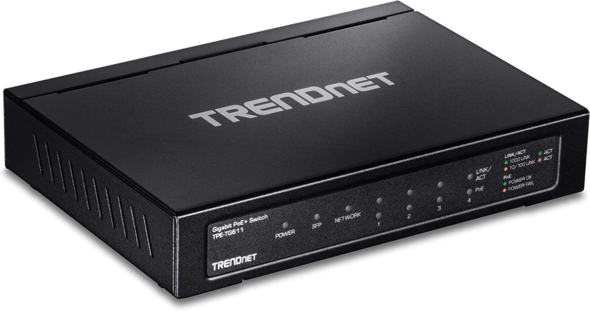 TRENDnet 6-port Gigabit Poe+ Switch, TPE-TG611, 4 X Gigabit Poe+ Ports, 1 X Gigabit Port, 1 X SFP Slot, Supports 100/1000Base-FX Fiber SFP Modules, Ethernet Desktop Network Switch, Lifetime Protection