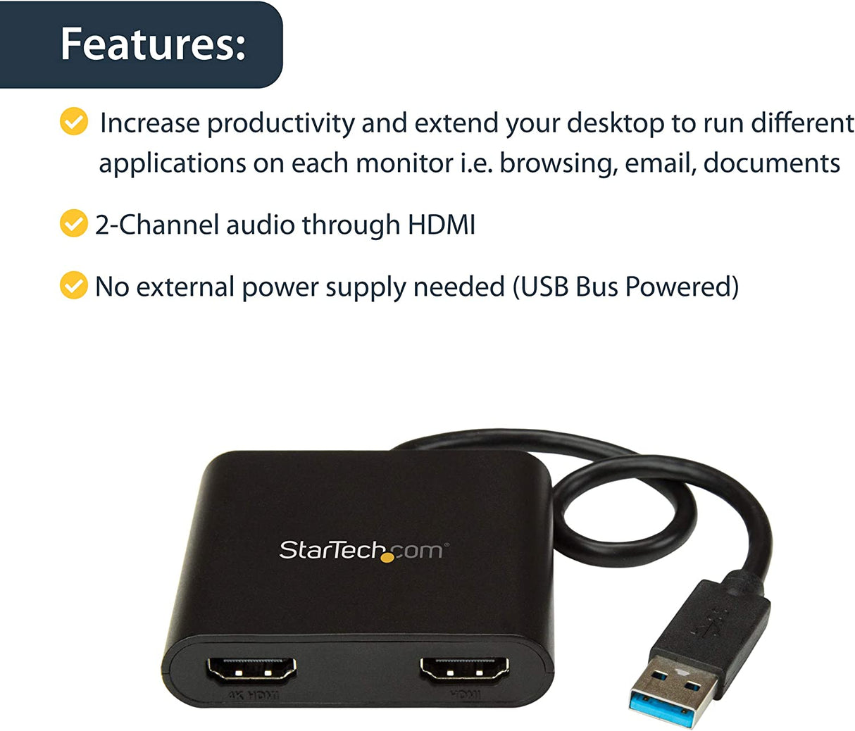 StarTech.com USB 3.0 to Dual HDMI Adapter - 1x 4K 30Hz & 1x 1080p - External Video & Graphics Card - USB Type-A to HDMI Dual Monitor Display Adapter - Supports Windows Only - Black (USB32HD2)