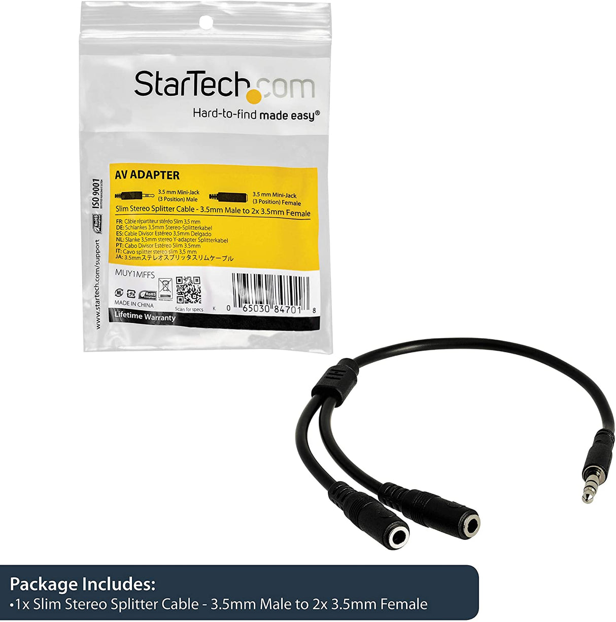 StarTech.com 3.5mm Audio Extension Cable - Slim Audio Splitter Y Cable and Headphone Extender - Male to 2x Female AUX Cable (MUY1MFFS) Slim Cable Black