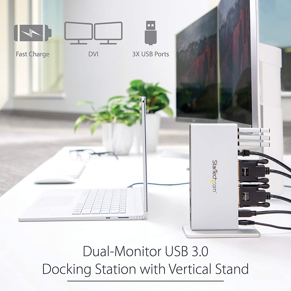 StarTech.com Dual Monitor USB 3.0 Docking Station w/ DVI to VGA & HDMI Adapters, 5x USB 3.0 & Audio - Vertical DVI Dock for Mac & Windows (USB3SDOCKDD) 2 x monitor|5 x USB-A 3.0|vertical