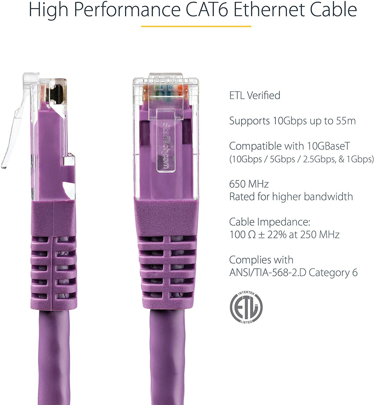 StarTech.com 6ft CAT6 Ethernet Cable - Purple CAT 6 Gigabit Ethernet Wire -650MHz 100W PoE++ RJ45 UTP Molded Category 6 Network/Patch Cord w/Strain Relief/Fluke Tested UL/TIA Certified (C6PATCH6PL) Purple 6 ft / 1.82 m 1 Pack