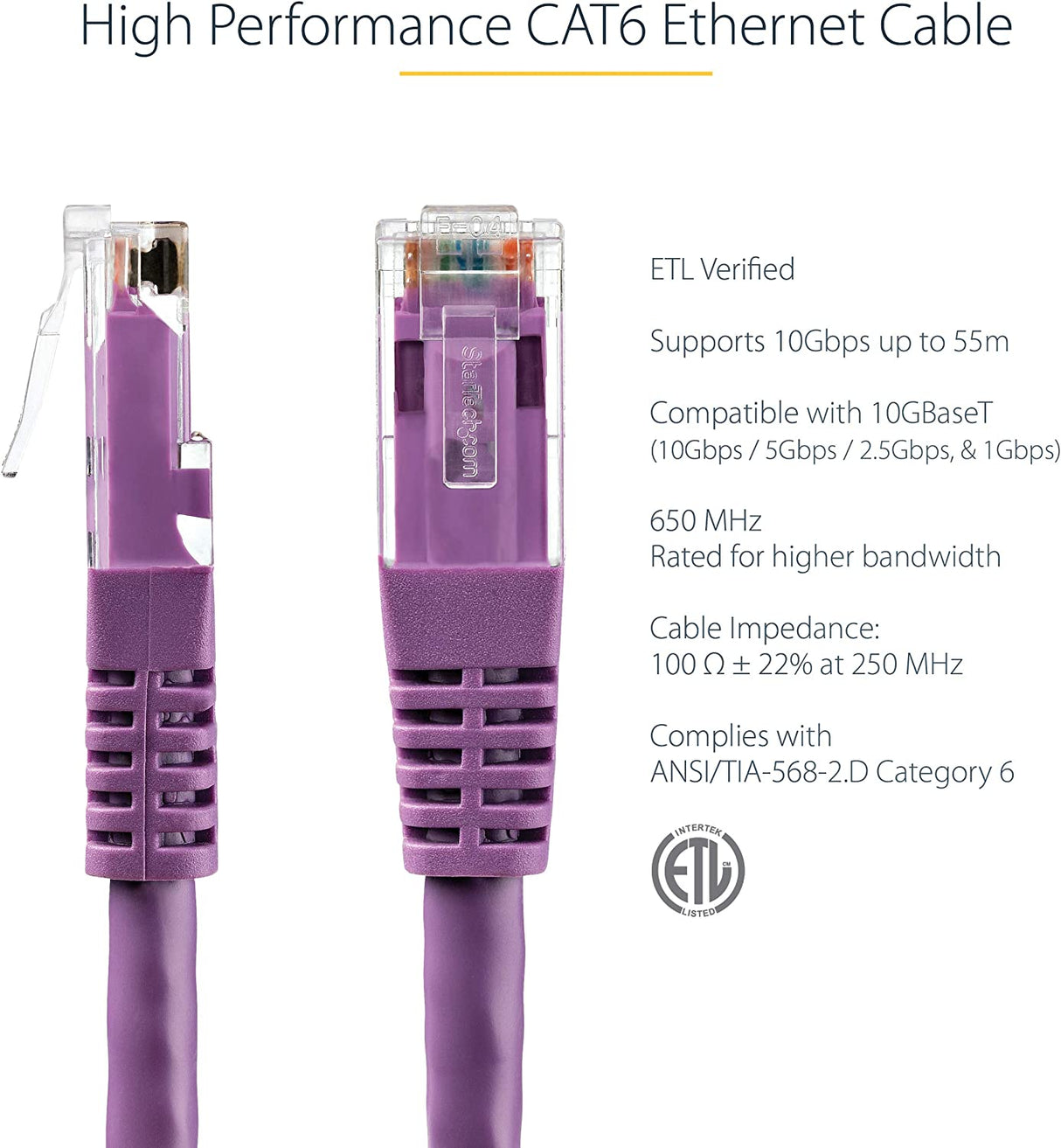 StarTech.com 20ft CAT6 Ethernet Cable - Purple CAT 6 Gigabit Ethernet Wire -650MHz 100W PoE++ RJ45 UTP Molded Category 6 Network/Patch Cord w/Strain Relief/Fluke Tested UL/TIA Certified (C6PATCH20PL) Purple 20 ft / 6 m 1 Pack