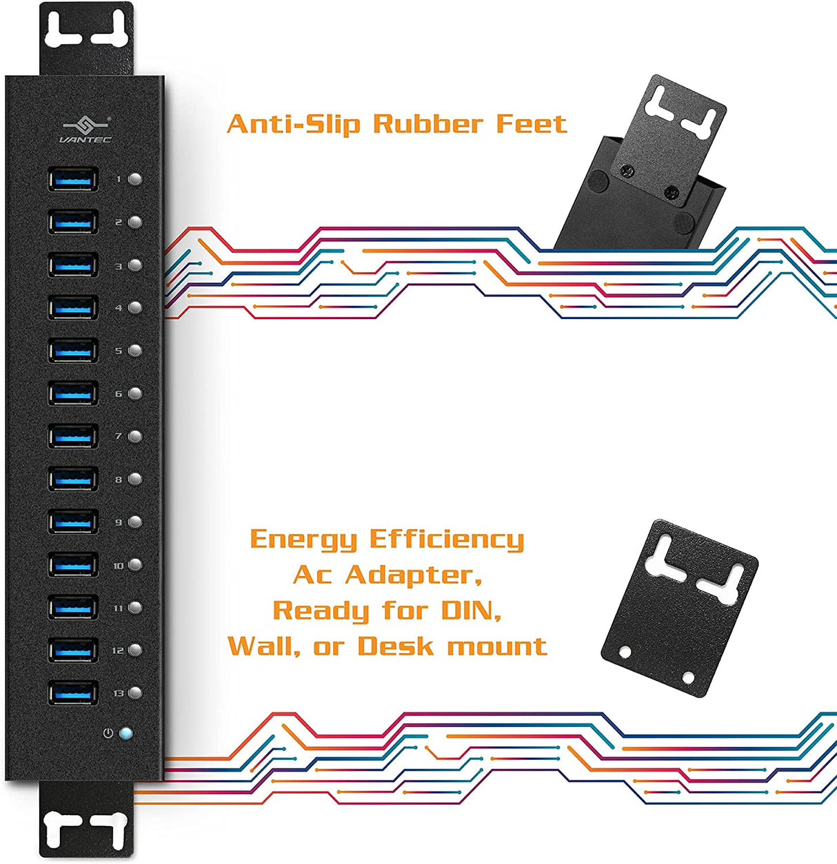 Vantec 13-Port USB 3.0 Aluminum Hub (All Data/Charging BC 1.2), 12V/5A Premium Power Adapter