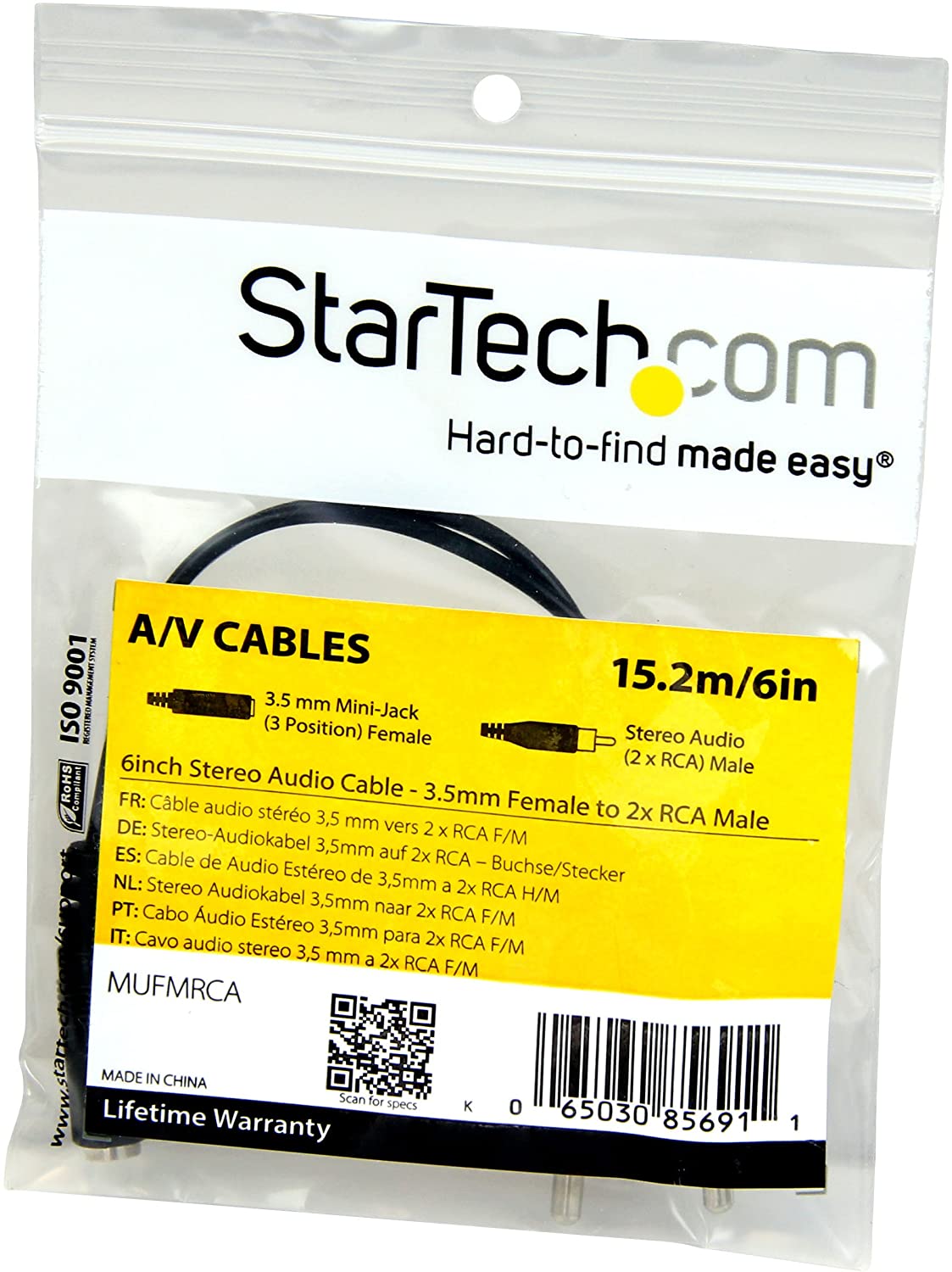 StarTech.com 6in RCA to 3.5mm Female Cable - Audio to RCA Cable - 3.5mm Female to 2x RCA Male - Aux to RCA - Stereo Audio Cable (MUFMRCA) 15 cm/6 inches