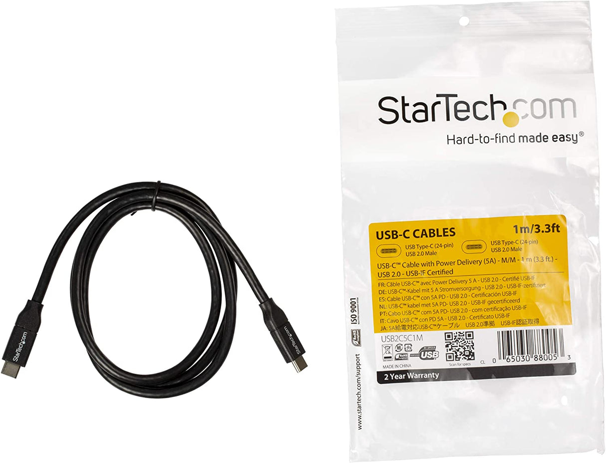 StarTech.com USB C To USB C Cable - 3 ft / 1m - USB-IF Certified - 5A PD - USB 2.0 - USB Type C Charging Cable - USB C Fast Charge Cable (USB2C5C1M) Black 3 ft/ 1 m