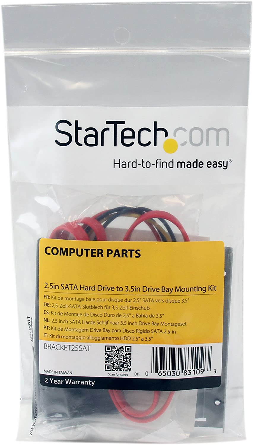 StarTech.com SSD Mounting Bracket - Solid Metal - 2.5in to 3.5 Hard Drive Adapter - SSD Bracket - SSD Upgrade Kit (BRACKET25SAT) 1x3.5" Bay 1x2.5" Drive (SATA)