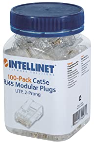 Intellinet network solutions Intellinet Cat5e RJ45 Connector Ends Set (100 pcs) - with 2 Prong Terminals for Stranded Wire & Gold Plated Contacts - for UTP Ethernet Cable Wire Applications – Lifetime Mfg Warranty - 790055