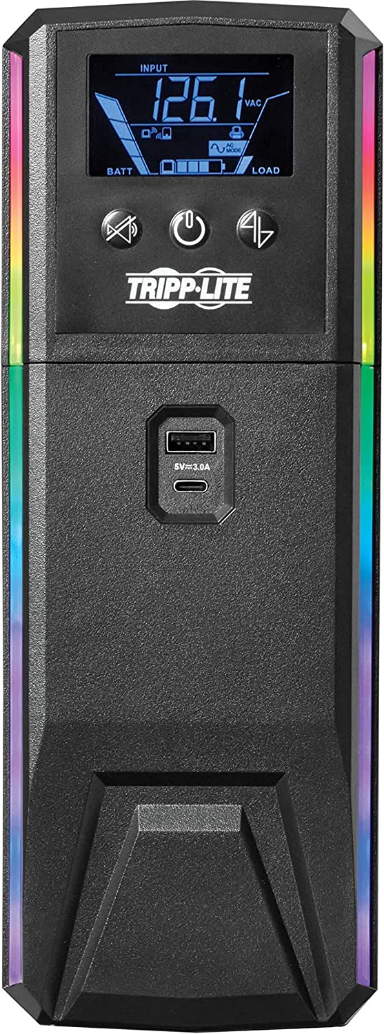 Tripp Lite Pure Sine Wave Gaming UPS Battery Backup, 600VA 360W 120V, Detachable LCD, Automatic Voltage Regulation, USB, RGB LED Lights, 3-Year Warranty & $250K Insurance (SMART600PSGLCD) 600VA Gaming UPS