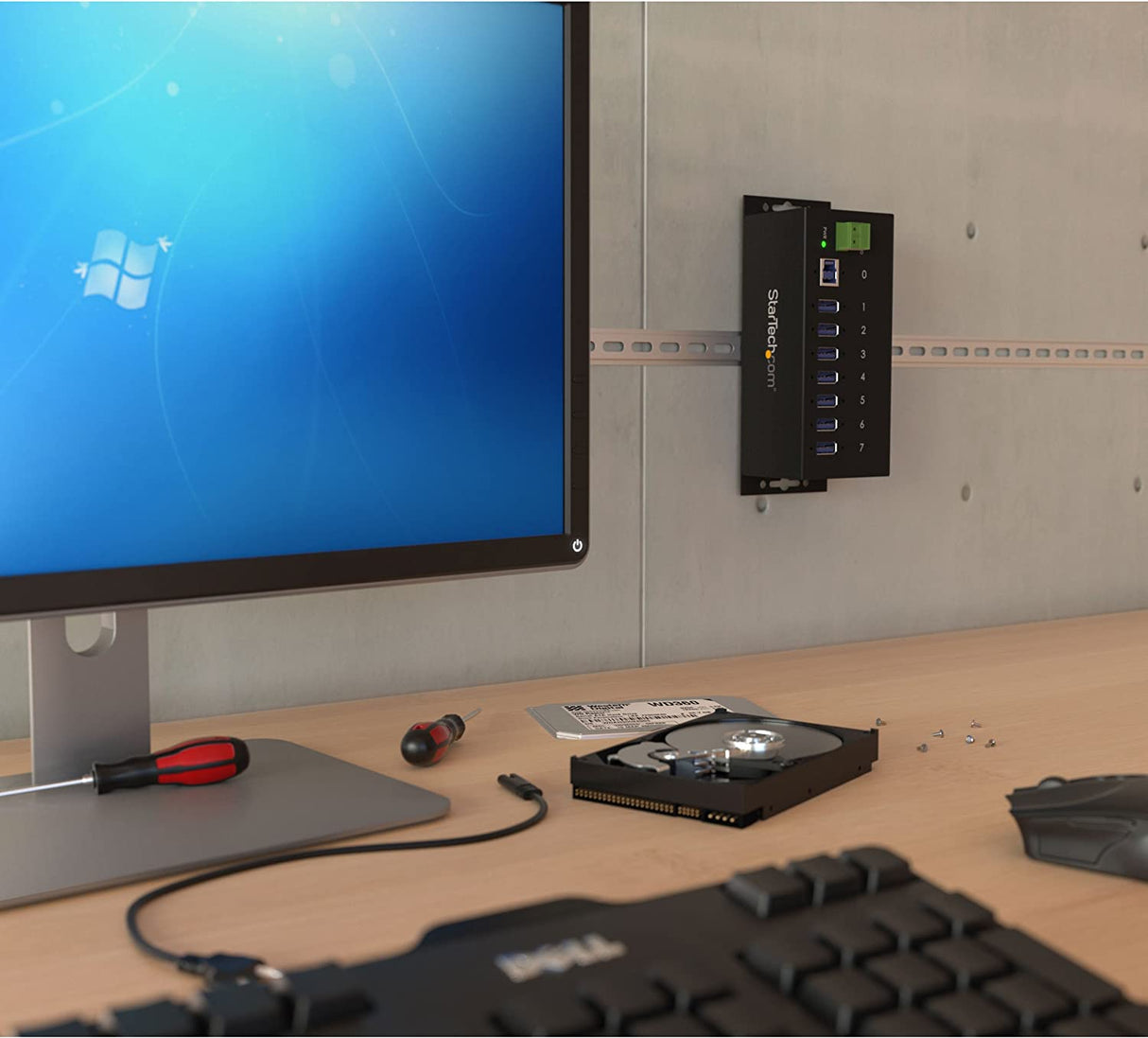 StarTech.com 7-Port USB 3.0 Hub - Metal Industrial USB-A Hub with ESD Protection & 350W Surge Protection - Din Rail, Wall or Desk Mountable - TAA Compliant USB Expander Hub (ST7300USBME) 7 Port USB 3.0