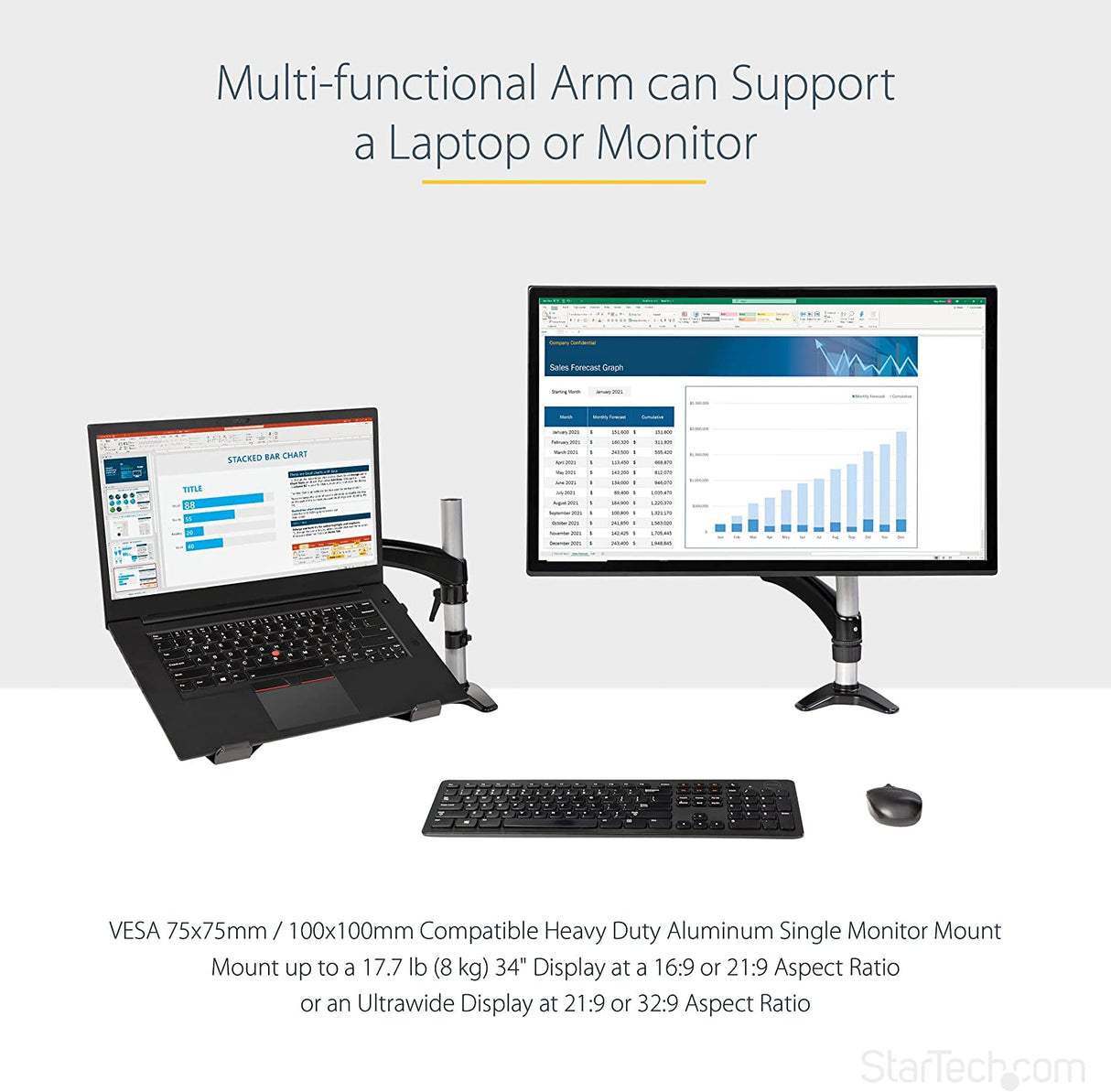 StarTech.com Desk Mount Laptop Arm - Full Motion Articulating Arm for Laptop or Single 34" Monitor - VESA Mount Laptop Tray Bracket - Ergonomic Adjustable Notebook Stand - Desk-Clamp (ARMUNONB1) Black Full-Motion Arm - Monitor/Laptop