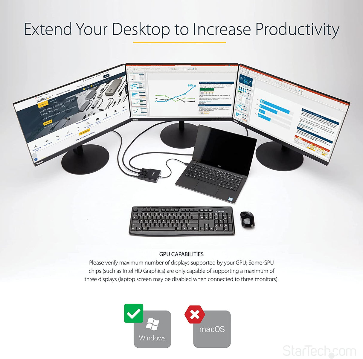 StarTech.com 3-Port Multi Monitor Adapter - Mini DisplayPort to HDMI MST Hub - Triple 1080p/Dual 4K 30Hz - Video Splitter for Extended Desktop Mode on Windows Only - mDP 1.2 to 3x HDMI (MSTMDP123HD)