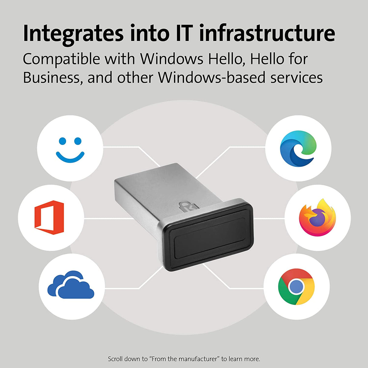 Kensington VeriMark IT Fingerprint Key - FIDO2/WebAuth, Windows Hello & Windows Hello for Business, for Multiple pc's (K64704WW) For fingerprint