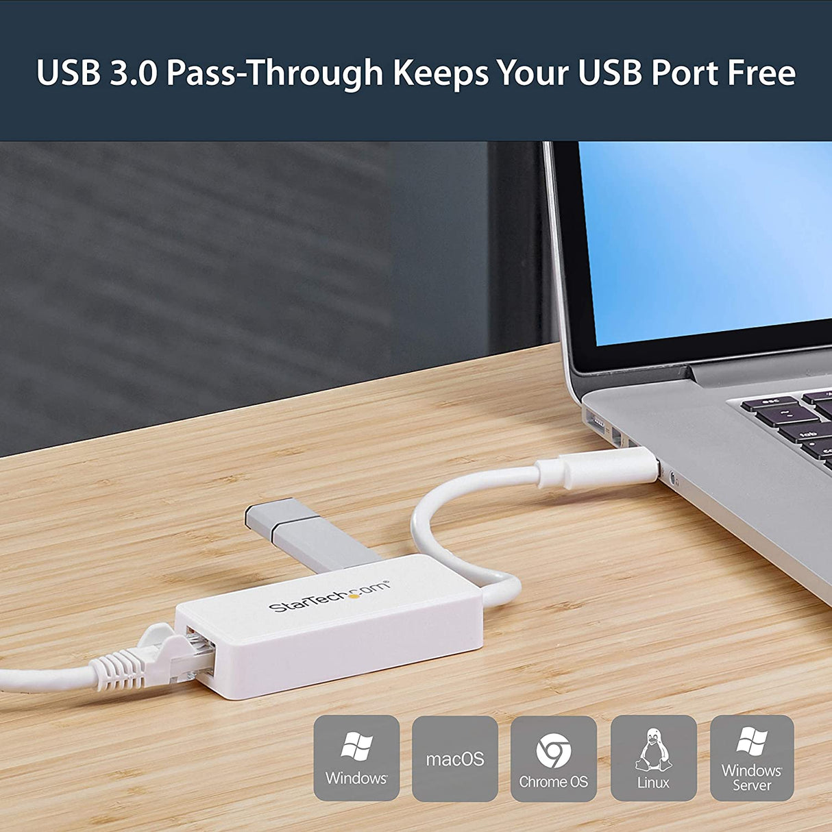 StarTech.com USB 3.0 to Gigabit Ethernet Adapter NIC w/ USB Port (White) - USB 3.0 NIC - 10/100/1000 Mbps USB 3.0 LAN Adapter (USB31000SPTW) White w/ 1 USB Port