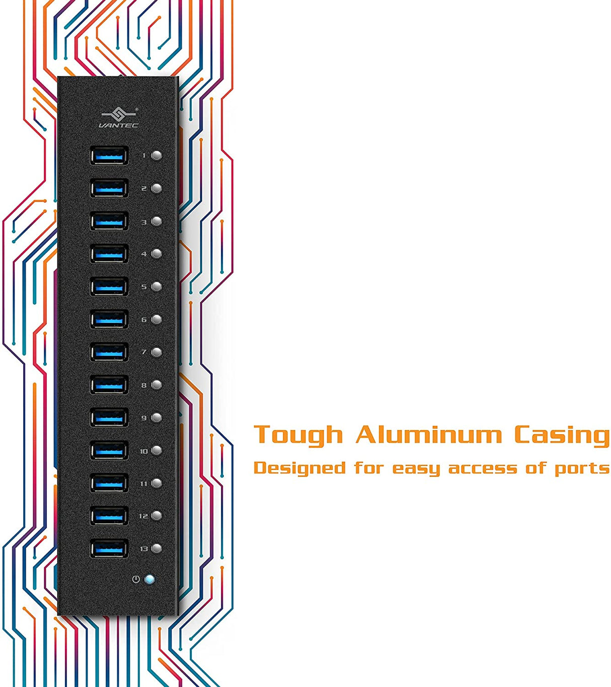 Vantec 13-Port USB 3.0 Aluminum Hub (All Data/Charging BC 1.2), 12V/5A Premium Power Adapter