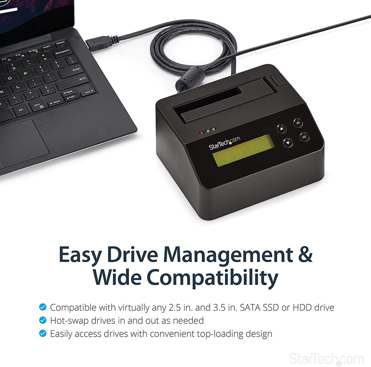 StarTech.com Single Bay Hard Drive Eraser, Standalone HDD/SSD Sanitizer, USB 3.0 to SATA II (3 Gbps), 9 Erase Modes, LCD Display, Secure Erase, Hard Disk Sanitizer, DB-9 Printer Port, TAA (SDOCK1EU3P) No 4kn support