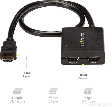 StarTech.com 4K HDMI Splitter 1 In 2 Out - 4K 30Hz HDMI 1.4 2 Port Video Splitter Box -with high speed HDMI cable, USB power cable - Black (ST122HD4KU)