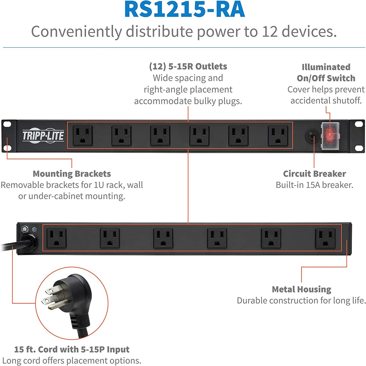 Tripp Lite RS1215-RA Rackmount Network-Grade PDU Power Strip, 12 Right Angle Outlets Wide-Spaced, 15A, 15ft Cord w/ 5-15P Plug,, Black 15A + Right Angle Outlet Single