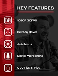 VisionTek VTWC40 Premium Autofocus Full HD 1080P 60FPS Webcam, Chromebook, Computer Video Camera, Digital Dual Microphones, Privacy Cover, 96-Degree Viewing Angle, Work, Study, & Stream (901442)