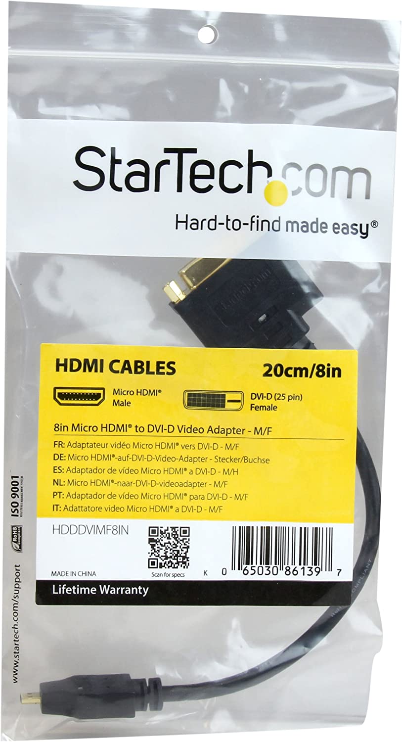 StarTech.com 8in Micro HDMI to DVI-D Adapter M/F - 8in Micro HDMI to DVI Cable - Connect a Micro HDMI phone or laptop to a DVI-D display (HDDDVIMF8IN),Black 8in - M/F Micro HDMI to DVI