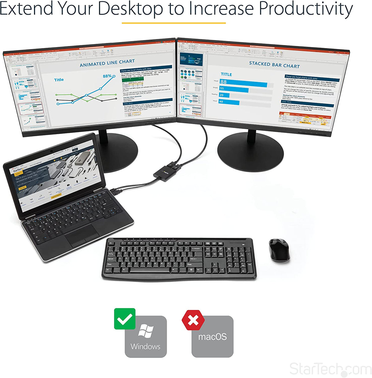 StarTech.com 2-Port Multi Monitor Adapter - DisplayPort 1.2 MST Hub - Dual 4K 30Hz or 1080p - USB Bus Powered - Video Splitter for Extended Desktop Mode on Windows PCs Only - DP to 2x DP (MSTDP122DP) DisplayPort 1.2 to 2x DisplayPort
