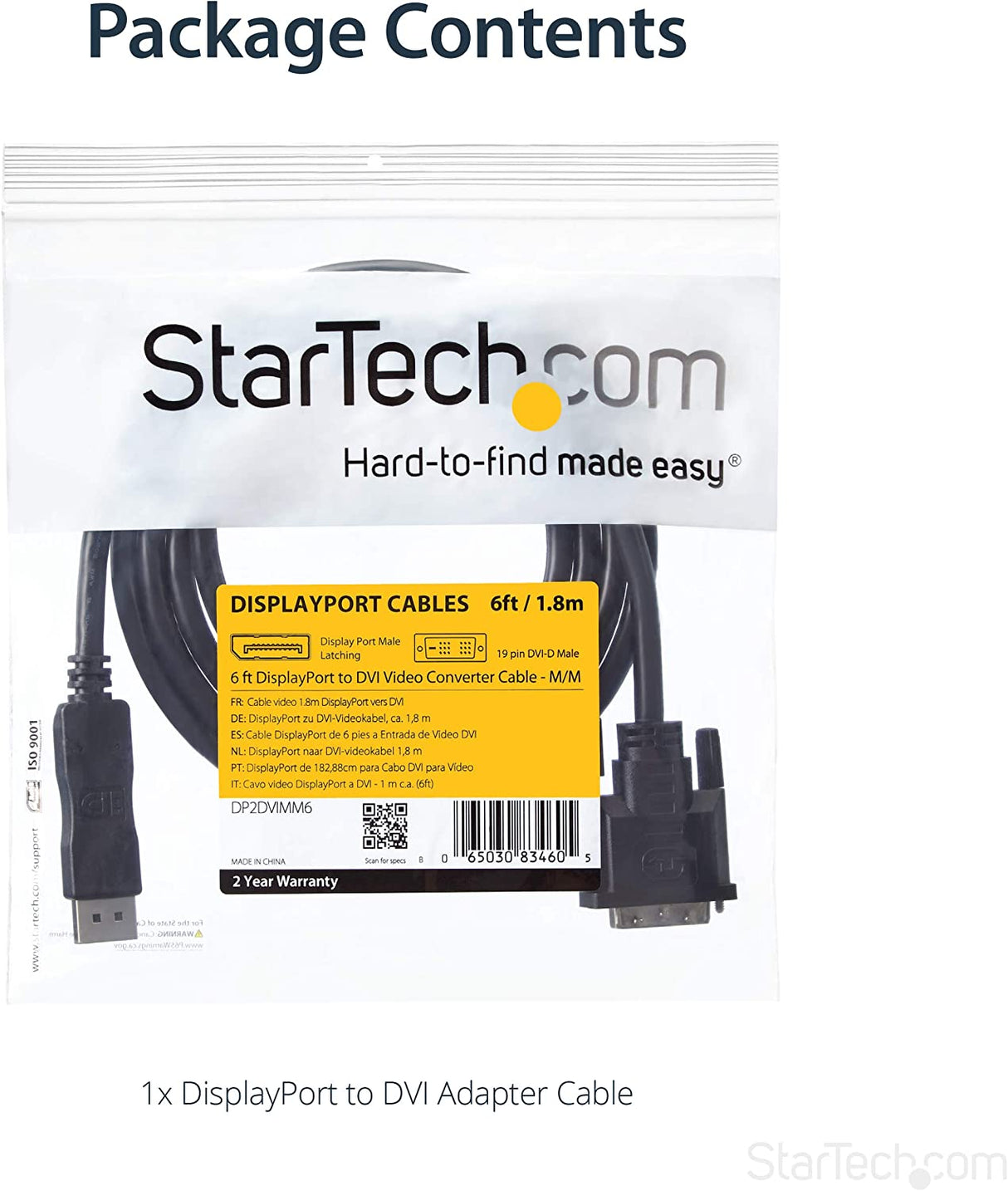 StarTech.com 6ft (1.8m) DisplayPort to DVI Cable - DisplayPort to DVI Adapter Cable 1080p Video - DisplayPort to DVI-D Cable Single Link - DP to DVI Monitor Cable - DP 1.2 to DVI Converter (DP2DVIMM6) 2m (6ft) Standard Packaging