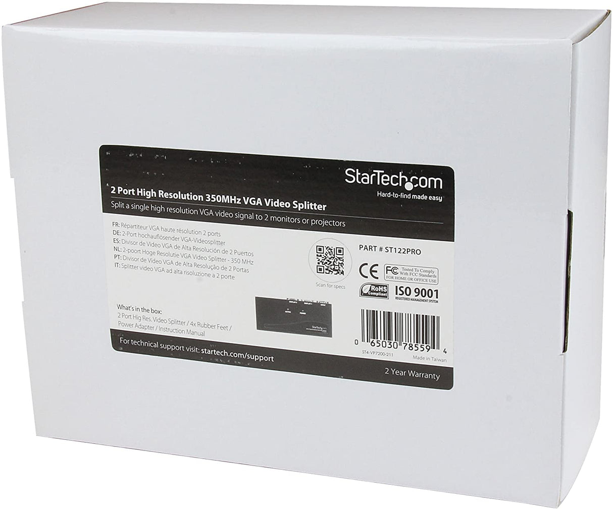 StarTech.com 2 Port High Resolution VGA Video Splitter with Built-in Video Amplifier - 350 MHz - VGA Video Splitter 1 x 2-2048x1536 80Hz