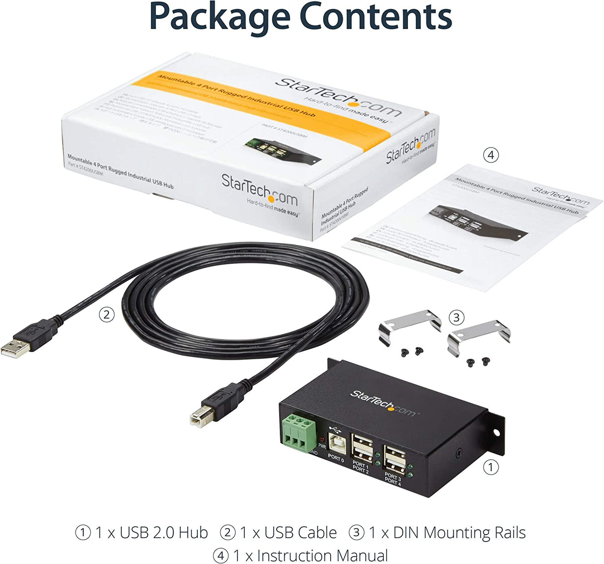 StarTech.com 4-Port USB 2.0 Hub - Metal Industrial USB-A Hub - Din Rail, Wall or Desk Mountable USB Data Hub - TAA Compliant USB Expander Hub (ST4200USBM)