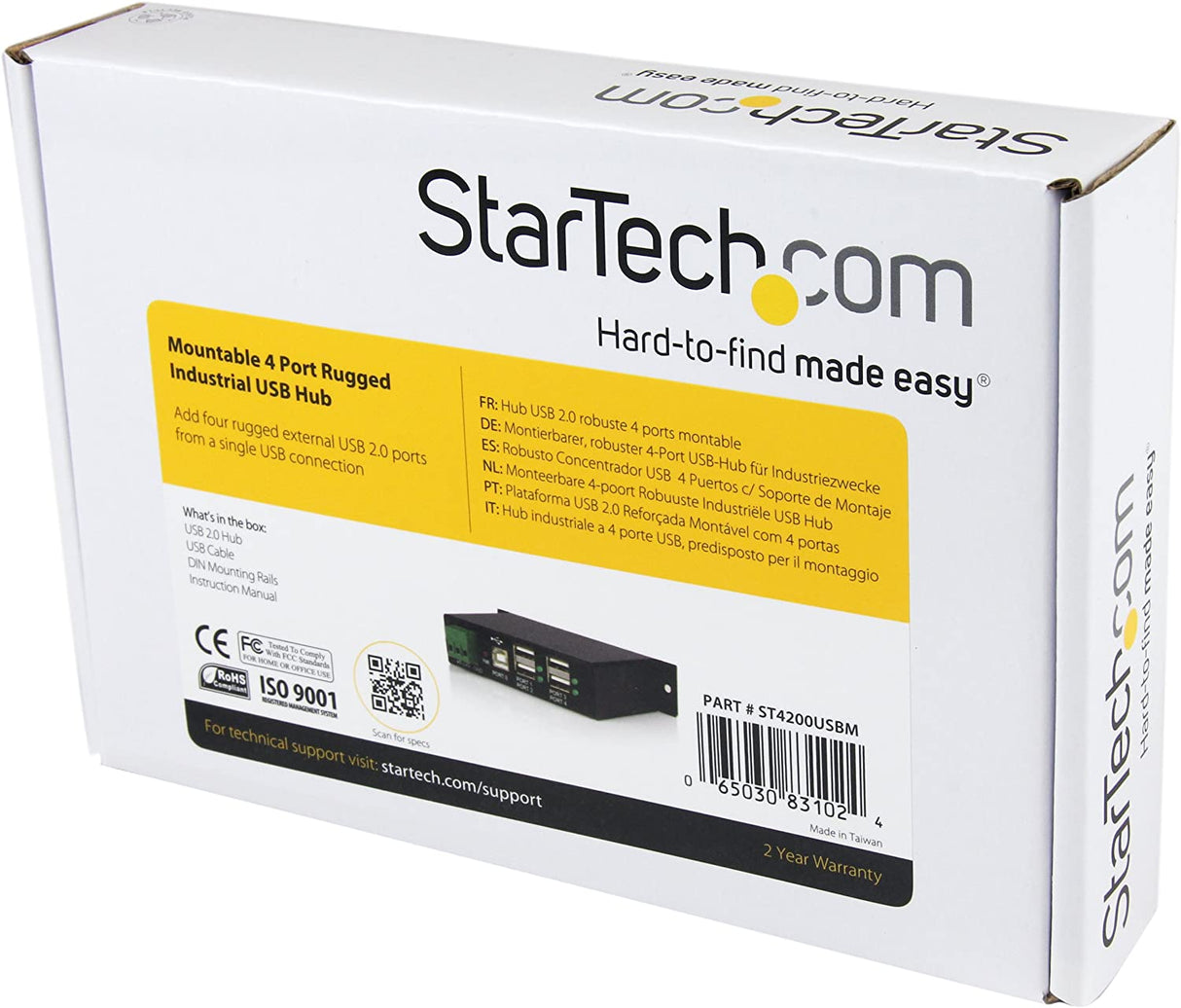 StarTech.com 4-Port USB 2.0 Hub - Metal Industrial USB-A Hub - Din Rail, Wall or Desk Mountable USB Data Hub - TAA Compliant USB Expander Hub (ST4200USBM)