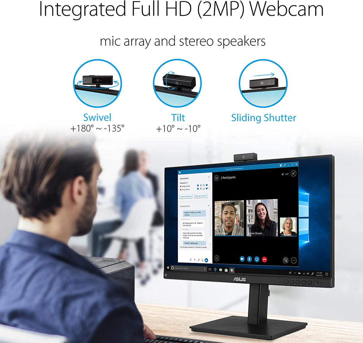 ASUS 23.8” 1080P Video Conferencing Monitor (BE24EQSK) - Full HD, IPS, Built-in Adjustable 2MP Webcam, AI Noise-canceling Mic, Speakers, Eye Care, DisplayPort, HDMI, Wall Mountable, Height Adjustable