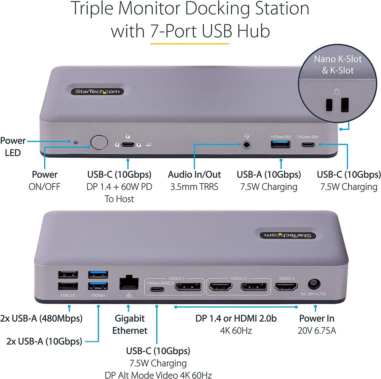 StarTech.com USB-C Docking Station Multi Monitor HDMI/DP/USB-C Video Output, Triple Monitor 4K30/Dual 4K60, 7-Port USB Hub, 60W Power Delivery, GbE, 3.5mm Audio, Works with Chromebook (DK31C3MNCR)