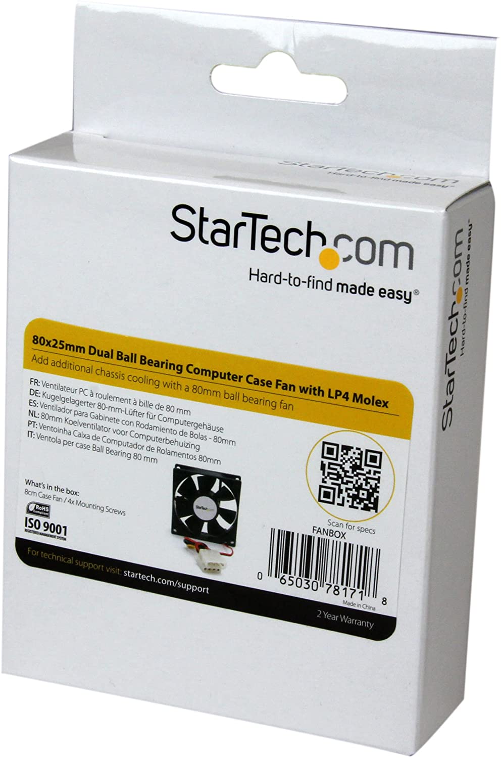 StarTech.com 80x25mm Dual Ball Bearing Computer Case Fan w/ LP4 Connector - Computer case Fan - 80mm Fan - pc Fan (FANBOX), Black 80x25mm LP4