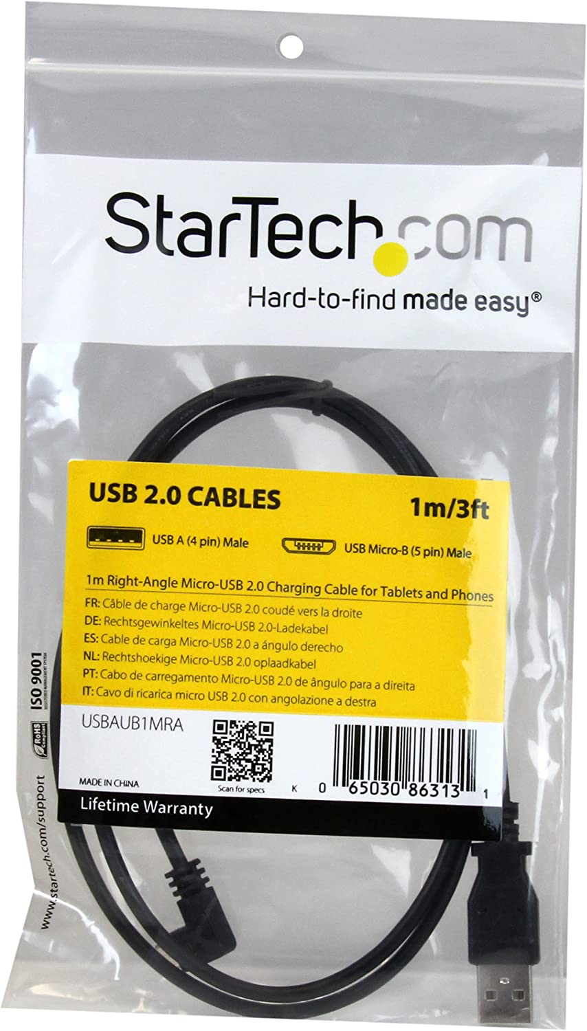 StarTech.com 1m 3 ft Micro-USB Charge-and-Sync Cable - Right-Angle Micro-USB - M/M - USB to Micro USB Charging Cable - 30/24 AWG (USBAUB1MRA),Black 1m / 3 ft Right Angled Connector