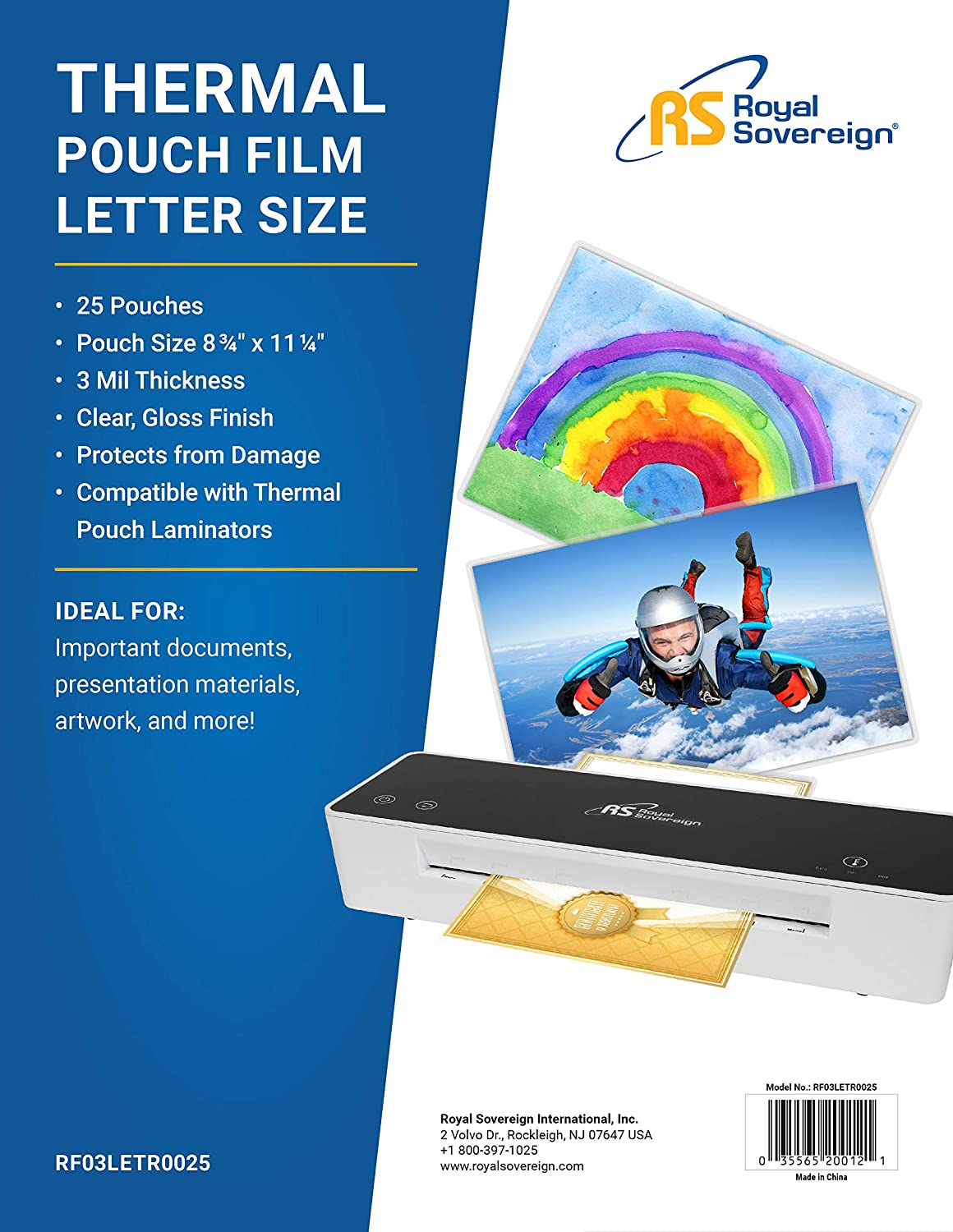 Royal Sovereign Thermal Laminating Pouches, 3 Mil, Letter Size 11.25" x 8.75 Inches, Clear Gloss, 25 Pouches (RF03LETR0025)