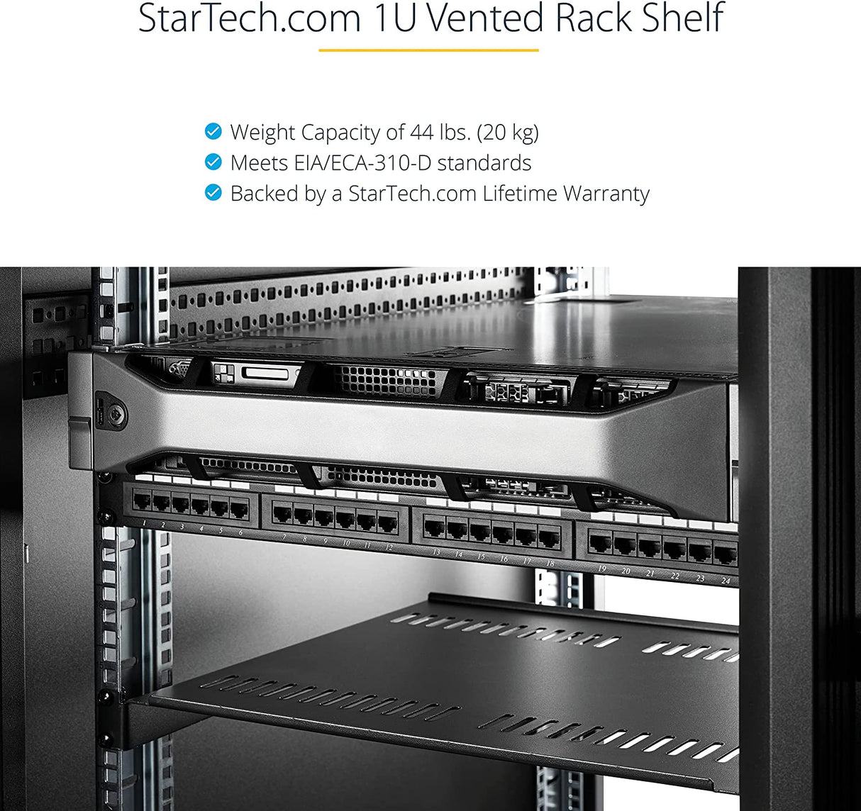 StarTech.com 1U Server Rack Shelf - Universal Vented Rack Mount Cantilever Tray for 19" Network Equipment Rack & Cabinet - Heavy Duty Steel - Weight Capacity 44lb/20kg - 7" Deep Shelf (CABSHELF1U7V) 1U 7" Depth