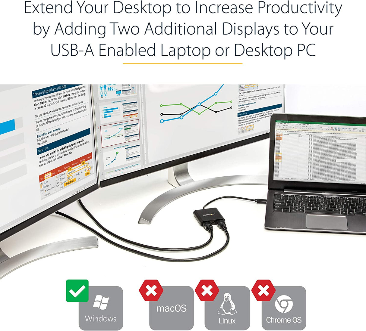 StarTech.com USB 3.0 to Dual HDMI Adapter - 1x 4K 30Hz & 1x 1080p - External Video & Graphics Card - USB Type-A to HDMI Dual Monitor Display Adapter - Supports Windows Only - Black (USB32HD2)