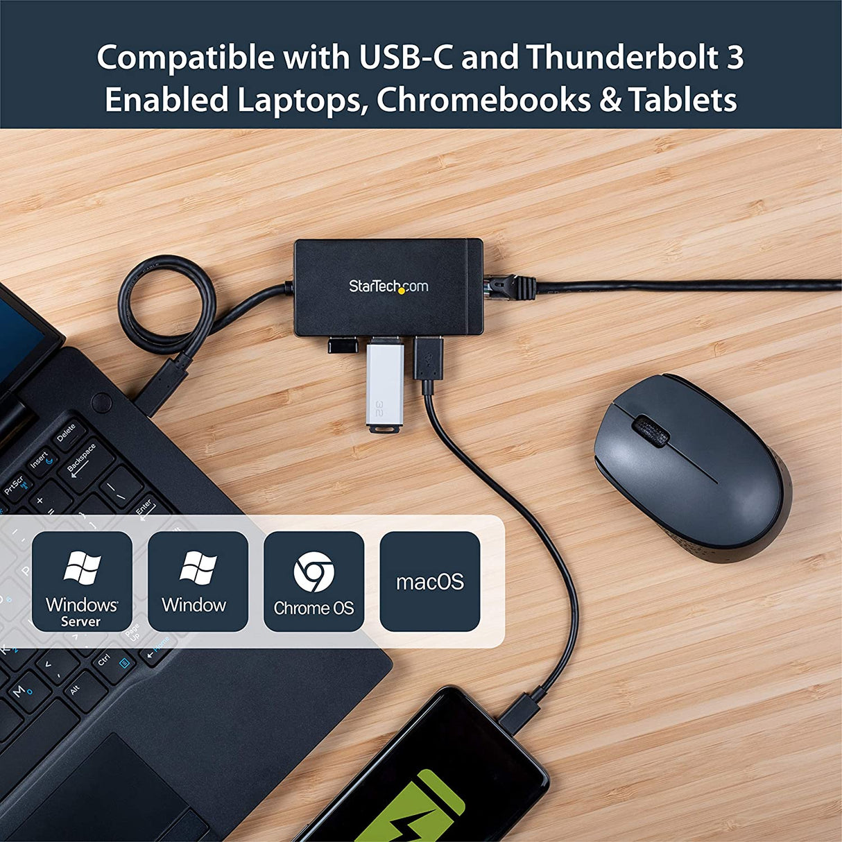 StarTech.com 3 Port USB C Hub with Ethernet - USB-C to 3X USB-A w/Power Adapter & Gigabit Ethernet - Thunderbolt 3 Compatible - USB C Network Adapter (HB30C3A1GE) Standard (Black) Ethernet w/ 3x USB-A