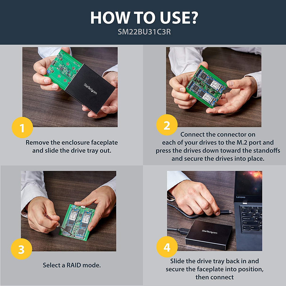 StarTech.com Dual-Slot Hard Drive Enclosure for M.2 SATA SSDs - USB 3.1 (10Gbps) - Aluminum - M.2 to SATA - Raid Drive Enclosure (SM22BU31C3R) USB-A & USB-C Dual M.2 SATA