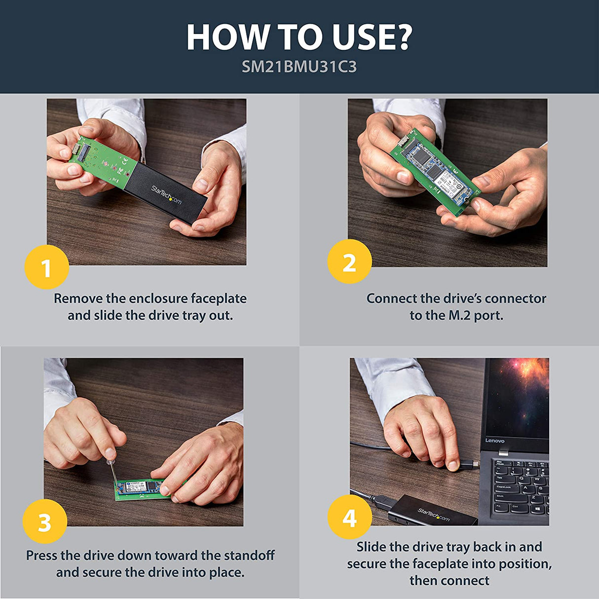 StarTech.com M.2 SSD Enclosure for M.2 SATA SSDs - USB 3.1 (10Gbps) with USB-C Cable - External Enclosure for USB-C Host - Aluminum (SM21BMU31C3) Basic M.2 SATA