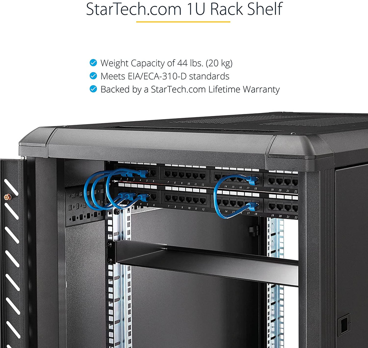 StarTech.com 1U Server Rack Shelf - Universal Rack Mount Cantilever Shelf for 19" Network Equipment Rack & Cabinet - Heavy Duty Steel Weight Capacity 44lb/20kg - 16" Deep Tray, Black (CABSHELF116)
