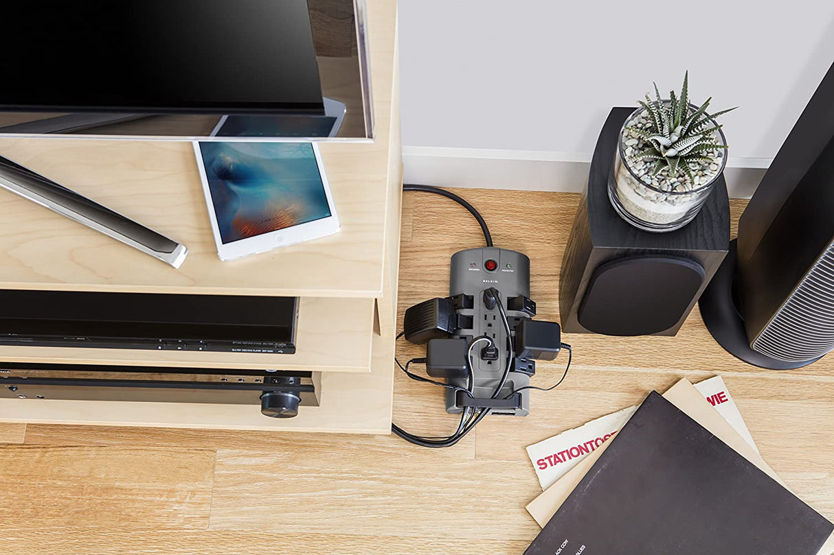 Belkin Surge Power Strip Protector - 8 Rotating & 4 Stationary AC Multiple Outlets - 8 ft Long Heavy Duty Extension Cord Flat Pivot Plug for Home, Office, Travel, Desktop & Charging Brick, 4320 Joules Phone Protection Power Strip 12-Outlet