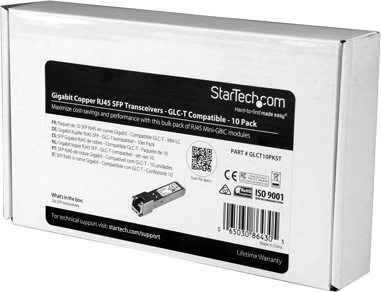 StarTech.com Cisco GLC-T Compatible SFP Module (10 Pack) - 1000BASE-T - SFP to RJ45 Cat6/Cat5e - 1GE Gigabit Ethernet SFP - RJ-45 100m - Cisco Firepower, ASR920, IE2000 (GLCT10PKST) GLC-T 10-Pack