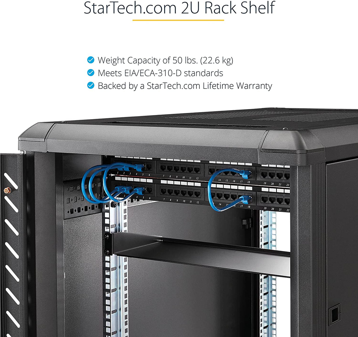 StarTech.com 2U Server Rack Shelf - Universal Rack Mount Cantilever Shelf for 19" Network Equipment Rack & Cabinet - Heavy Duty Steel Weight Capacity 50lb/23kg - 22" Deep Tray, Black (CABSHELF22) 22" Depth 22" Depth